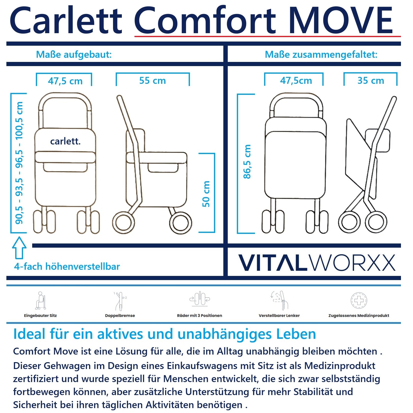 Carlett Comfort MOVE – Rollator - Leichter Einkaufsrollator mit integriertem Sitz, Tasche und Komfortgriff